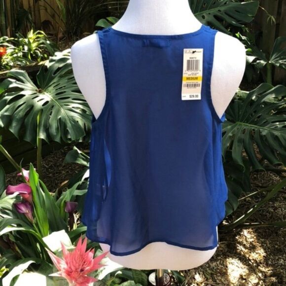 Material Girl Sheer Royal Blue Sequin Flowy Crop Top - Picture 5 of 8